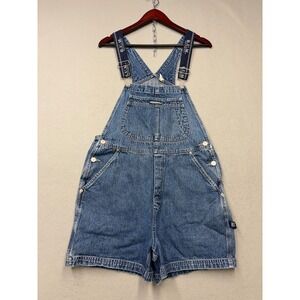 B.U.M. Equipment Denim Shortalls Women Size M Blue Vintage Y2K Logo Overalls